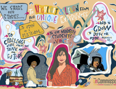These illustrations feature our storytellers in the foreground with their reasons for sharing their story with the unCommission written around them. Our storytellers stand alongside other influential STEM experts, including George Washington Carver, Valerie Thomas, Ellen Ochoa, Percy Julian, Ruby Hiros, Franklin Chang-Diaz, and Karlie Noon.
